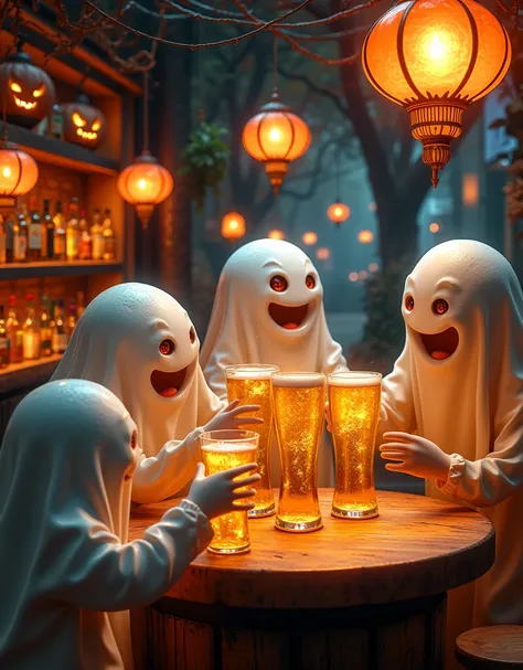 In a vibrant Hong Kong bar, a group of mischievous ghosts and a Hong Kong man gather to raise their glasses in a toast. The atmosphere is electric with Halloween revelry, as they savor the crisp taste of Asahi Japanese beer. The Pixar-inspired scene bursts...