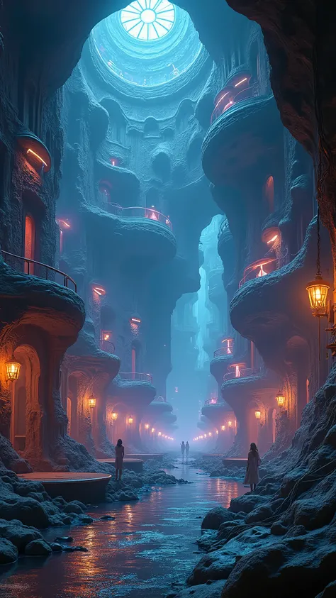 A hyperrealistic digital painting of a thriving, technologically-advanced subterranean society, with bionic augmentations, bioluminescent interfaces, and fractal architecture, bathed in a neon and bioluminescent glow, capturing the intricate details and pr...