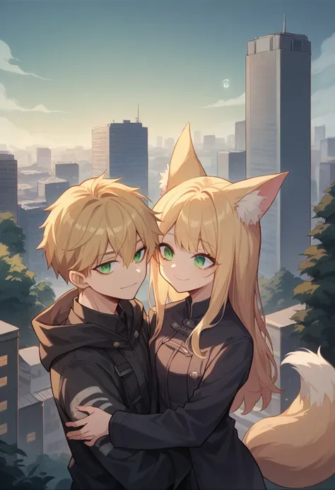 Create an image of an anime girl, 19 years old, fox ears, fox tail , long hair, green eyes, very dark big circles under eyes, dark circles under eyes, blonde hair, dressed in   a  modern black coat, and add a boy, dark blonde hair, green eyes, cat ears, ca...