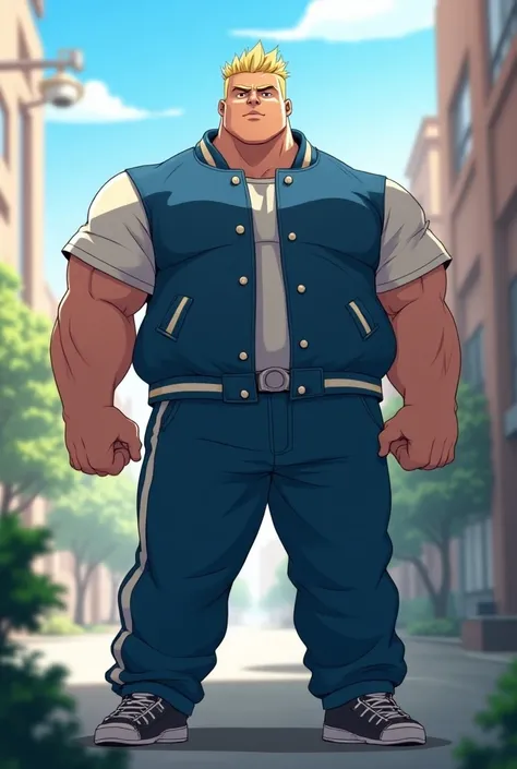 ,
Sandy blonde side cut hair,
Height: 63,
Weight: 250 pounds,
Big, beefy and dadbod,
Wearing a blue letterman jacket with white sleeves and sweatpants.
,
Anime