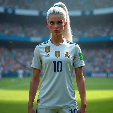  Real Madrid female player with white hair and blue eyes, Name Naath 10 on the jersey at stake