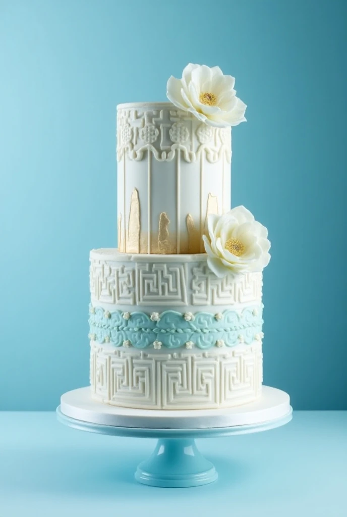 A beautiful TWO-story cake with the current Greece theme with SIMPLE shades of blue, white and gold