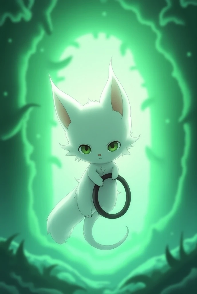 An anime-style being
Small creature similar to a ghost or spirit 
He is white and has small arms with black fingers
green eyes and ears that are also white like those of a fox
Create portals with green energy and have a black ring around the waist
dimensio...