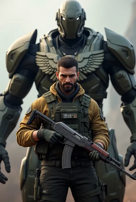 Freefire Maxim character holding ak47 in front of a future military exoskeleton with the emblem of the United States of America