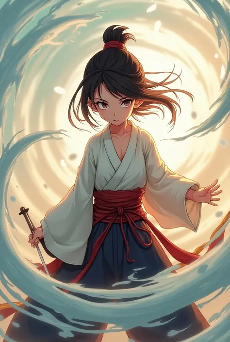 emblem , Female character brunette teen samurai whirlwinds of heavenly winds, bottom , anime style 