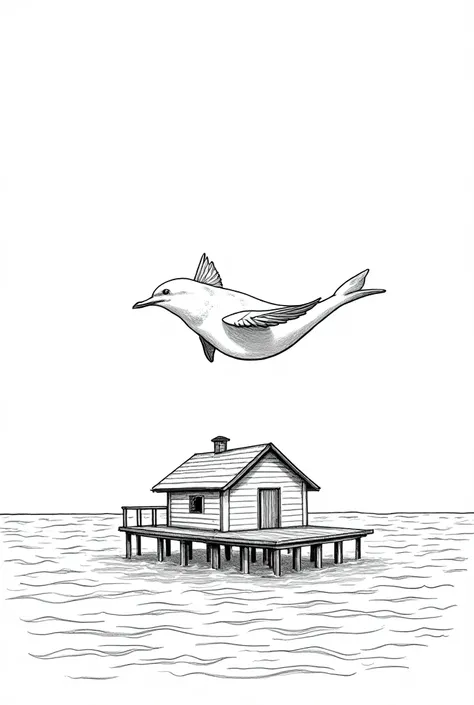 a coloring page with house above the ocean, highly detailed illustration, fine line art, bird, detailed sea, bird flying around, clean ink detailed line drawing, line - art, coloring pages, coloring - in sheet, coloring pages, line art illustration, line a...