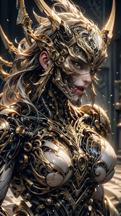 a portrait of megan fox as armored carnage, (black carnage skinless biomechanical muscle armor, shiny gold metals, gold:1.25), (...