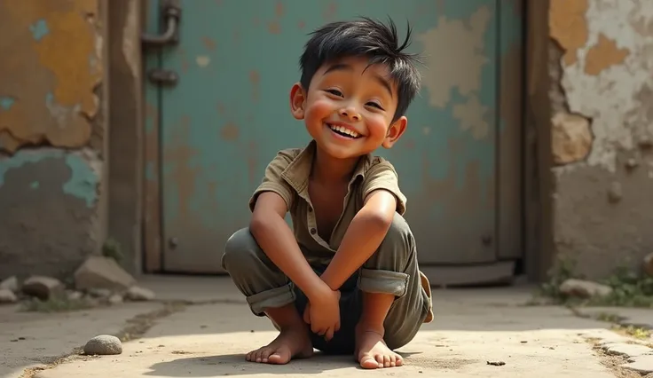 A joyful young boy sits barefoot on a rugged concrete surface beside an aged, cracked wall. He wears casual, worn-out clothes with rolled-up pants, his face lit up with a cheerful smile. The wall behind him has a rustic, weathered appearance, hinting at a ...