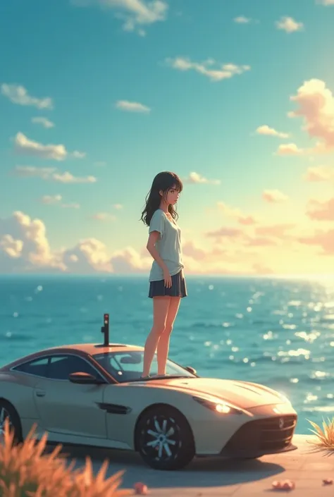  anime masterpiece, Best Quality, Alone,One Girl, viewers,Outdoor,  Cowboy Shots ,Ocean, anime style, Anne, car, 警備隊のcar, Pointer