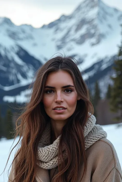 Gorgeous young woman with brunette long hair in winter in the Rocky Mountains 