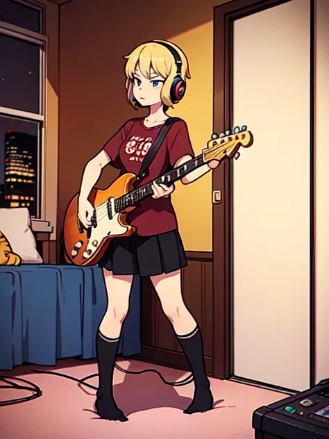 20 years old, adult, high,  girl, gamer, short blonde hair,  dark red rock and roll shirt,  music headset , Pretending to play an invisible guitar while standing in the bedroom, messy room,  black socks, night, Cat in bed 