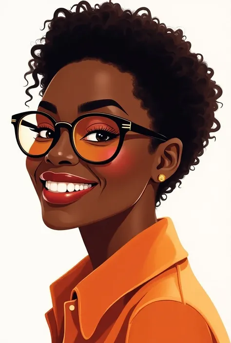 image of a black woman wearing glasses smiling, white background