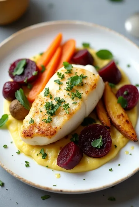 Plate with tilapia fillet, cassava and carrot puree, beetroot and potato with olive oil
