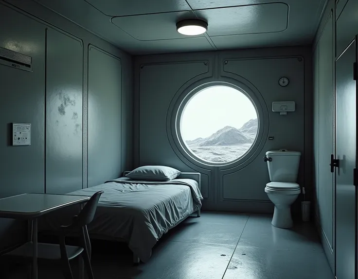 a small technological prison cell on the moon, a small ascetic bed against the wall, a toilet, a table, a chair, a small porthole overlooking a lifeless gray lunar landscape, 8k rendering, photorealistic, movie-style, realistic materials, prison of the fut...