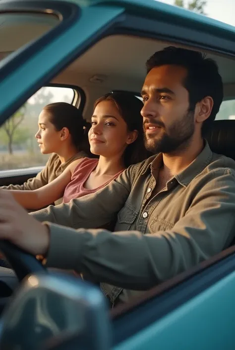 A family in the car with a daughter, a big female university student and the father, drives Realista