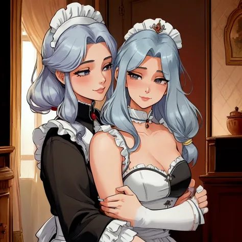 Two girls help the maid and maid woman comb her hair The noble woman smiles happily, the maid cousin maid does everything with love and devotion, the maid takes care of the male master with great pleasure,