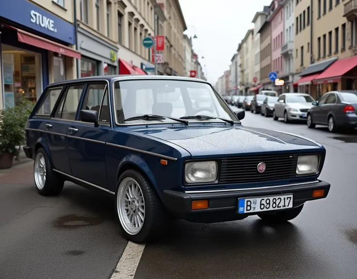 Picture of a dark blue 1985 Polski Fiat 125P station wagon with aftermarket wheel covers. Viewed from front and left. Parked along a busy shopping district in West Berlin. cloudy day. Very clean. freshly washed. 