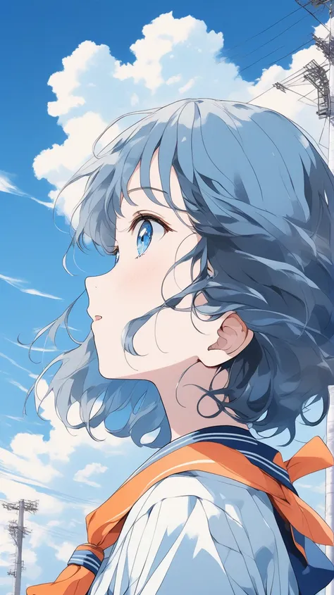 illustrator, anime , realistic ,sketch , abstract background、body、looking up at the sky, profile, blue hair,short bob、the girl o...