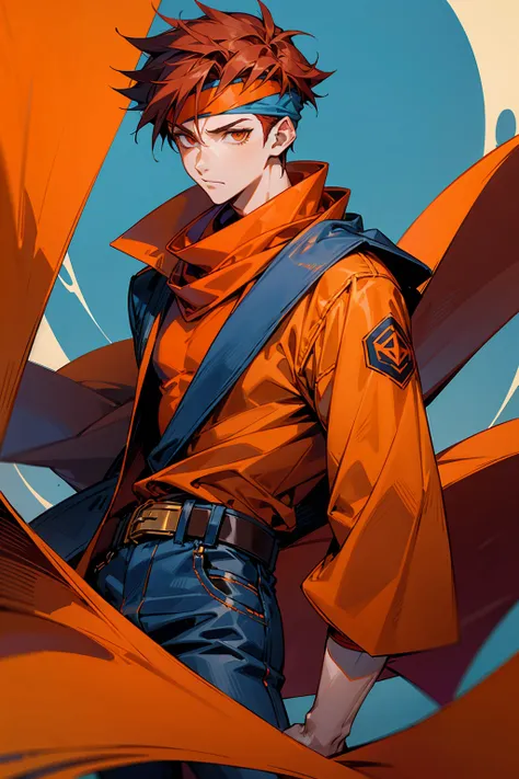 1male, Young Adult. Dark Red Hair, Spikey Hair, Short Hair, Amber Eyes, White Scarf, Low Cut Blue Jacket, Orange Shirt, Black Jeans With Big Belt, Neutral Expression, Blue Headband