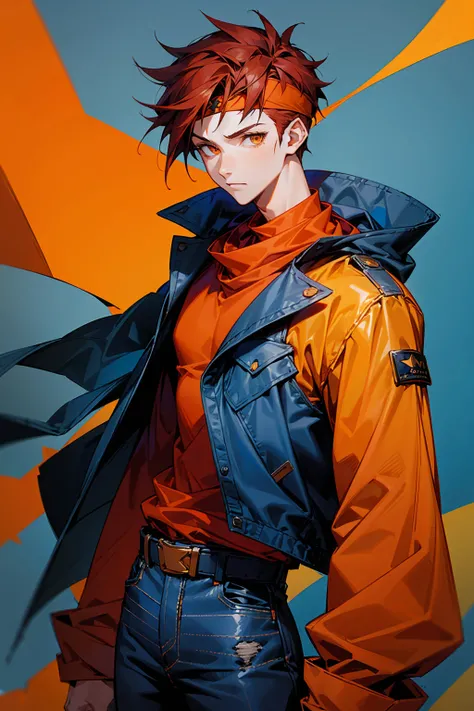 1male, Young Adult. Dark Red Hair, Spikey Hair, Short Hair, Amber Eyes, White Scarf, Low Cut Blue Jacket, Orange Shirt, Black Jeans With Big Belt, Neutral Expression, Blue Headband