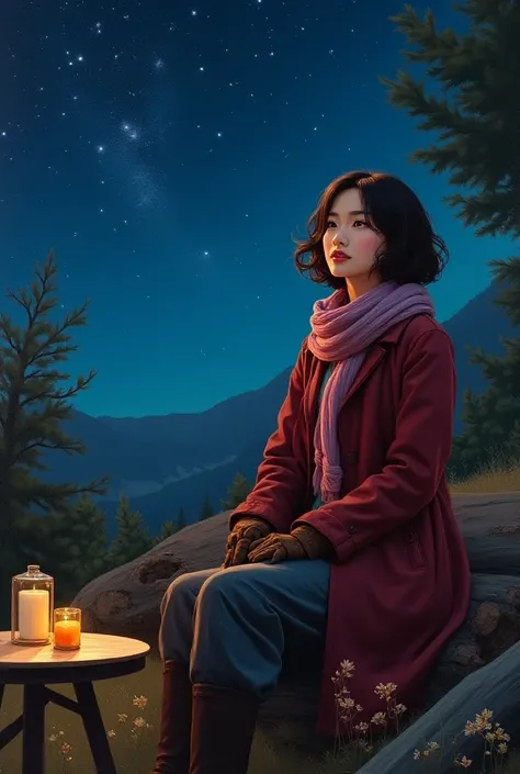 expressionism painting:  beautiful asian woman with short wavy brown hair sitting a log with a round table on the hill at night, looking at the sky full of stars.  wearing maroon knee length autumn coat, wearing brown leather gloves and pink purple neck sc...