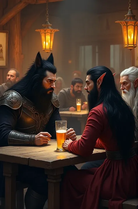 A black-haired Wolfborn with a black-haired, long-bearded elf and a white-haired elf in a tavern 