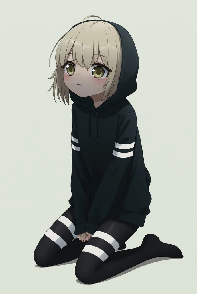 girl, anime,  long stockings that reach his thigh color black with several white strips, chompa negra, kneeling,  with a large rock that replaces his head , with arms extended  
