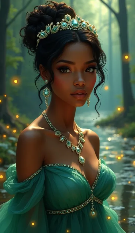 Create a serene and enchanting portrait of a gorgeous young African American woman with a regal, yet serene expression. She has warm brown skin, glowing golden undertones, and wears a shimmering lily pad green gown with off-the-shoulder sleeves, complement...