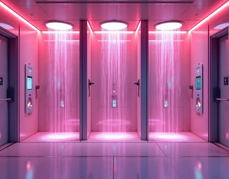  the high-tech shower room of the future aboard the spaceship,( future gym shower in a spaceship , incredibly technological interior ) Touch panels, water is being washed from the showers pouring from the ceiling ,( 3 separate identical sections in one row...