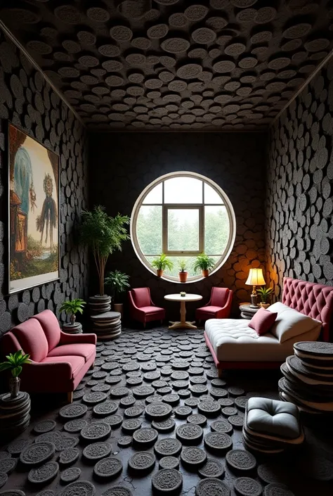 A room made up of Oreo with furniture and bed and decoration with Oreo 