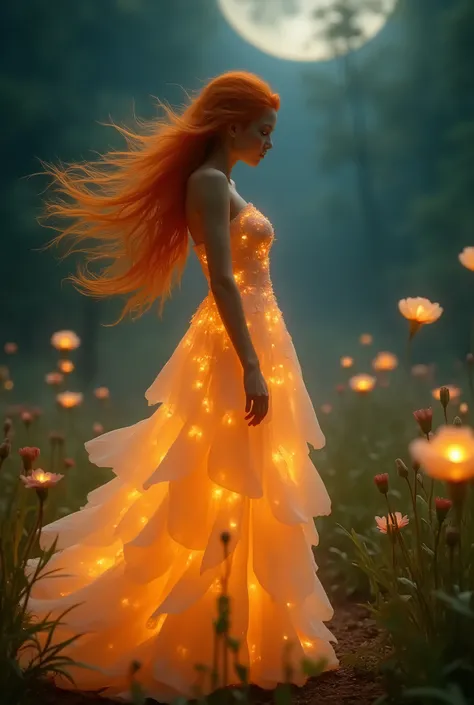 A surreal and magical image of a living beautiful orange-haired woman made entirely from the Queen of the Night flower. Her delicate body is formed from glowing petals that shimmer softly in the moonlight, surrounded by a fragrant mist that adds an enchant...