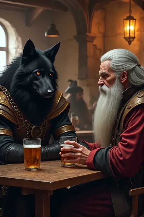 A black-haired Wolfborn with a black-haired, long-bearded pirate and a white-haired elf in a tavern 