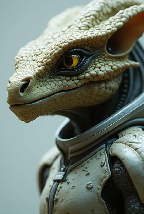 Close up side photography of intelligent humanoid dragon alien, detail scaly skin in bulk big body, Wide large yellow eye, round square oval head resemblence with human head shape, wear silver suits