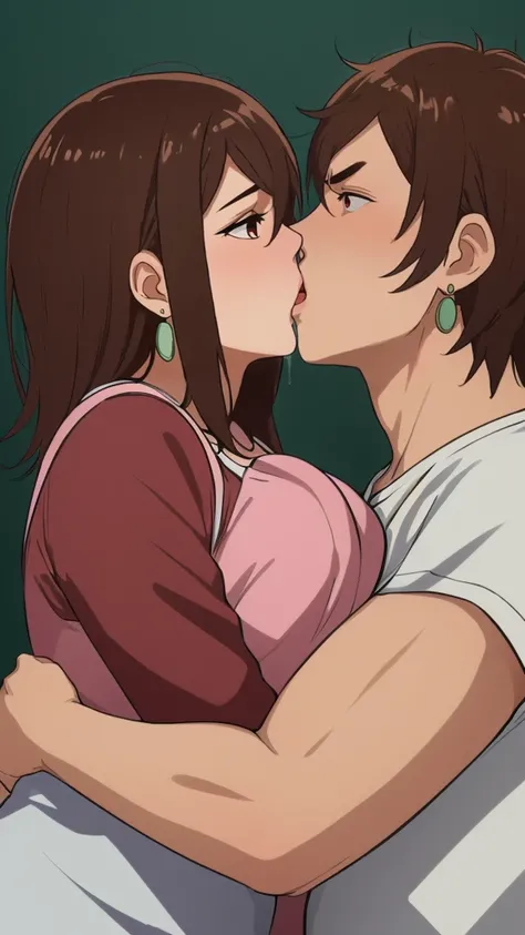 (best quality, masterpiece, RAW photo,ultra-detailed:1.2), couple, (hetero:1.5), (1 fatboy:1.5), 1 girl, cuddling, kiss, french kiss, tongue kiss, ((hug, kiss, saliva, profile)), 
, girl,momo ayase,brown eyes,red eyes,brown hair,earrings,medium hair