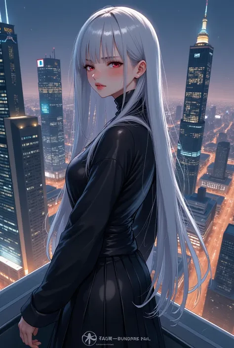 Anime style, Full body photo, cyberpunk woman , Pure white hair, Long hair,Straight hair, Red Lips , shirt, Tight, Closure , Tattoos , stand, skirt, skirtพลีท, Skyline of Tall Buildings, Top of the building, nighttime, city, High angle view, Look at the si...