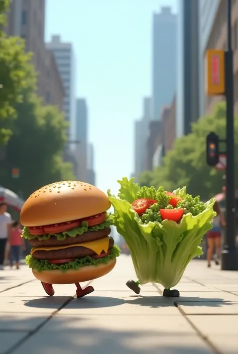 Video of a hamburger x salad walking on a sidewalk 