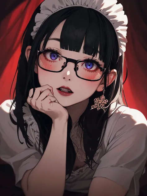 dead body、g、dark hue、Red hue、Ahegao ( Silly / Sexual ecstasy)、Cross-eyed、Stranger、View other people、Blunt bangs、Sitting,hand between legs,maid, Glasses, over-kneehighs,Ahegao , Silly,Sexual ecstasy,Drunken eyes,Blunt bangs, Black hair,(masutepiece:1.2, Bes...