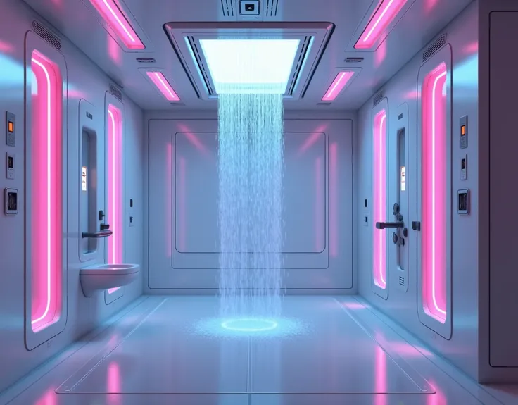  the high-tech shower room of the future aboard a spaceship,( future gym shower in a spaceship , incredibly technological interior ) Touch panels, water is being washed from the showers pouring from the ceiling ,( 3 separate identical sections in one row a...