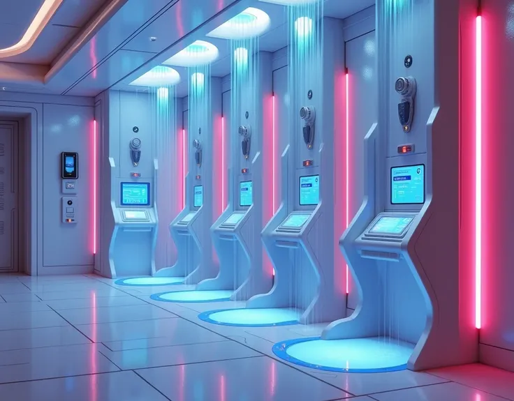  the high-tech shower room of the future aboard a spaceship,( future gym shower in a spaceship , incredibly technological interior ) Touch panels, water is being washed from the showers pouring from the ceiling ,( 3 separate identical sections in one row a...