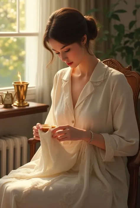 Pretty lady sewing a cloth by hand sitting with a cup of coffee 