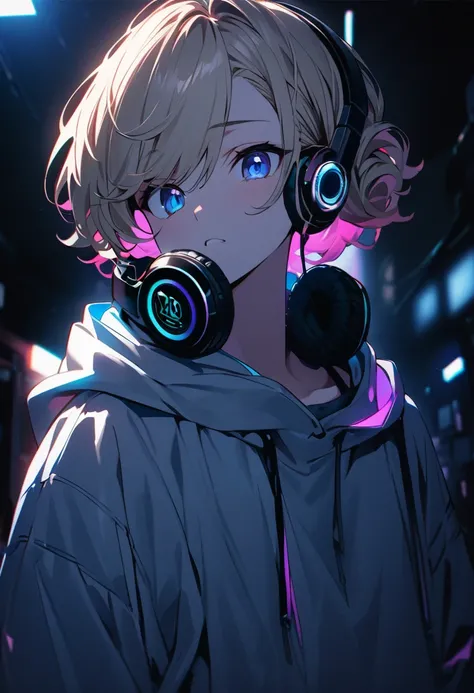 (masterpiece:1.2, Best Quality)、male、solo、、Beige Hair、 wave hairstyle、Semi-long、、dark blue eyes、cool、male、 20th Generation、  hoodie, ,comical、Headphones、RGB lighting