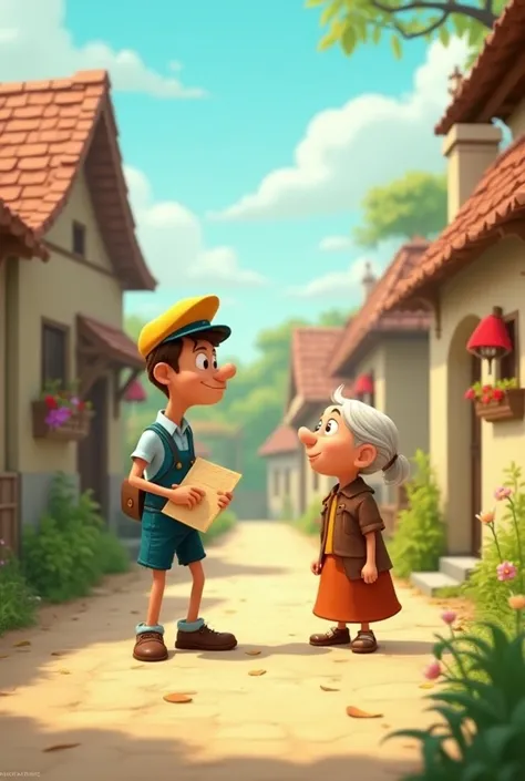 rtoon style Sheru the Postman**  
   *"Here’s the story of Sheru broken down into individual prompts, focusing on each key moment,
 The Request**  
   *"The old woman says in a faint voice, Can you deliver this letter to my house at the edge of the village...