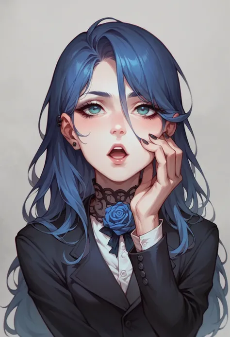 a gothic girl, linda,  neutral expression, seductive,  long hair, I wore a, suit, blue rose, half open mouth, hand on face 