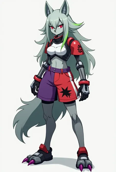 Female robot wolf;  gray color with white details ;  cropped and red shorts with black star design ;  knee-length purple ; purple claws ;  red shoulder pads ;  long light gray hair with a green lock on the front; long hot 