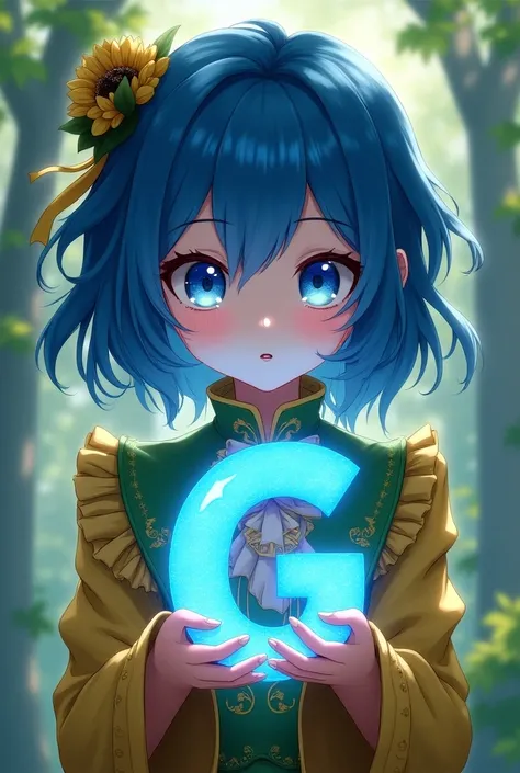 Blue-haired anime girl dressed in green and yellow holding the shiny blue letter G