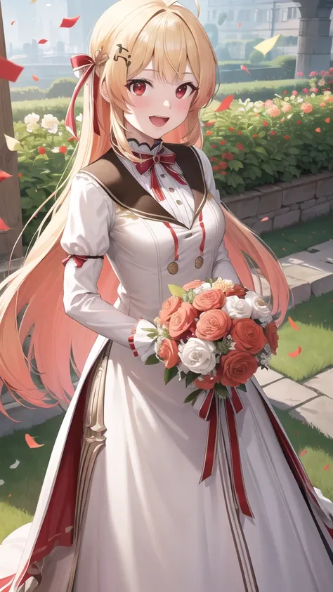 masterpiece, best quality, highres, kanadeyj, long hair, one side up, hair ribbon, hair ornament, ahoge, red eyes, wedding dress, standing, garden, confetti, holding bouquet, smile, open mouth,