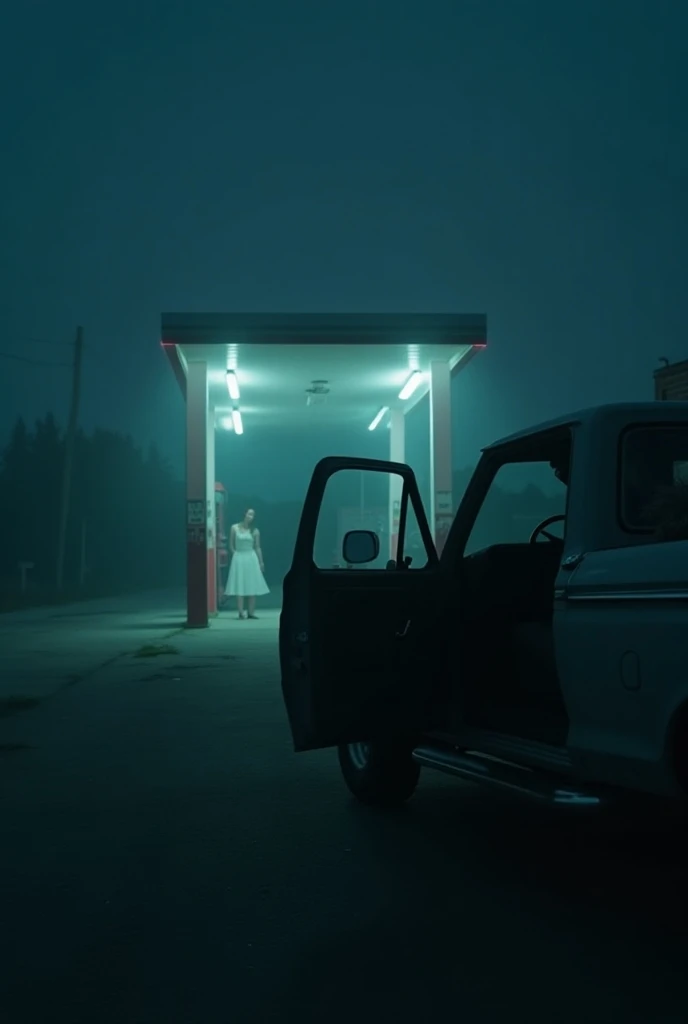 An empty gas station on the side of the road, lit by fluorescent lights, in contrast to the surrounding darkness. The driver, still in shock, jumps out of the truck and turns to look at the truck bed. The focus is on his expression of relief and confusion,...