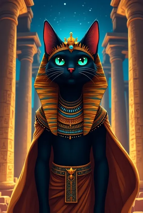 Animated pharaoh black cat, With the face of a person 
