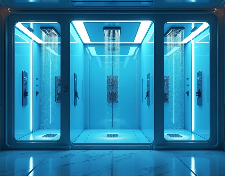  the high-tech shower room of the future aboard a spaceship,( future gym shower in a spaceship , incredibly technological interior ) Touch panels, water is being washed from the showers pouring from the ceiling ,( 3 separate identical sections in one row a...