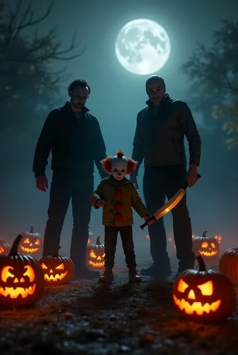 Sure thing! Here it is:

"Imagine a photo with the most iconic horror movie characters gathered in a Halloween setting: a sinister figure resembling Michael Myers with a gleaming knife, an imposing being inspired by Jason holding a machete, and a terrifyin...